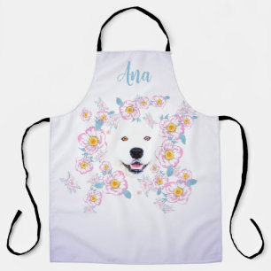 Tablier Chien Samoyed et fleurs roses, nom customisé