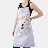 Tablier Chien Samoyed et fleurs roses, nom customisé (Insitu)