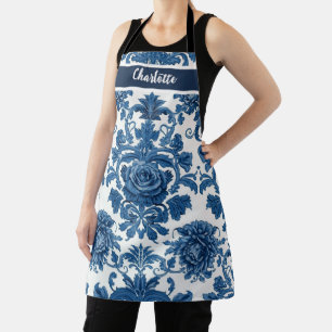 Tablier Chinoiserie Chic Motif Fleur Bleu Marine