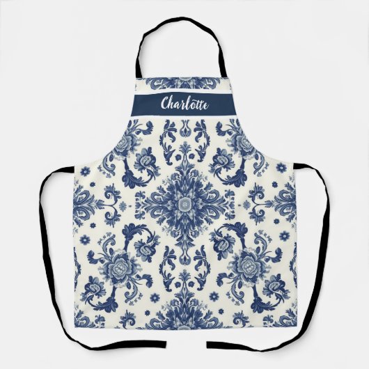 Tablier Chinoiserie Chic Navy Blue Flower Ornament Pattern (Recto)