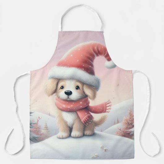 Tablier Chiot de Noël mignon avec un chapeau de Père Noël (Recto)