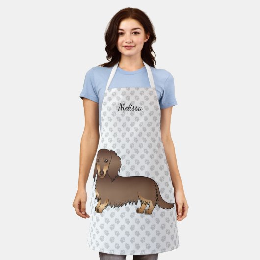 Tablier Chocolat & Tan Long Cheveux Dachshund Chien & Nom (Porté)
