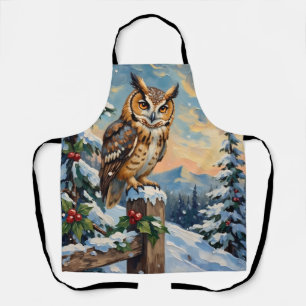 Tablier Chouette effraie vintage sur clôture gelée Noël