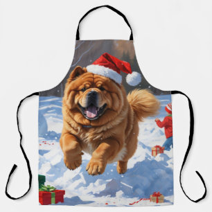 Tablier Chow Chow courant dans la neige avec un chapeau de