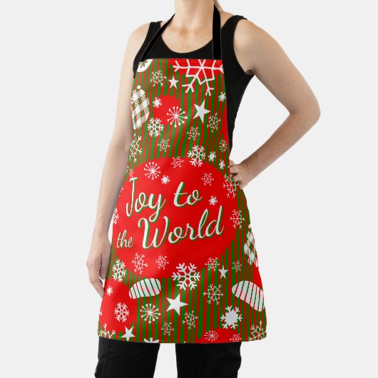 Tablier Christmas Apron – Joy to the World Red & Green (Insitu)