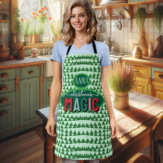 Tablier Christmas Magic Calligraphy Green Pine Trees Funky