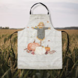 Tablier Chute Citrouille Grand-mère Jardin Épouvantail Rus<br><div class="desc">OEuvre d'aquarelle d'un trio de citrouilles d'automne, de fleurs bordeaux, de feuilles d'automne et d'un épouvantail tenant la garde avec ses amis les papillons. Un arrière - plan rustique en bois peint en blanc et gris, en détresse, est jumelé à votre nom ou message personnalisé. Art peint par Audrey Jeanne...</div>