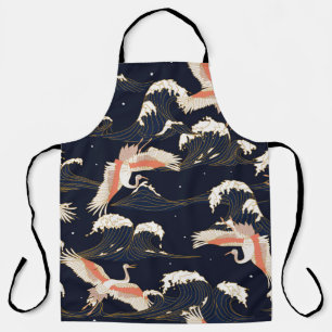 Tablier cigognes japonaises en style vintage sur fond vert