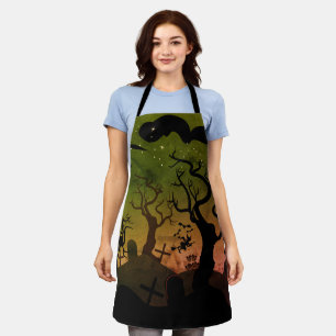 Tablier Cimetière hanté Halloween orange et vert olive
