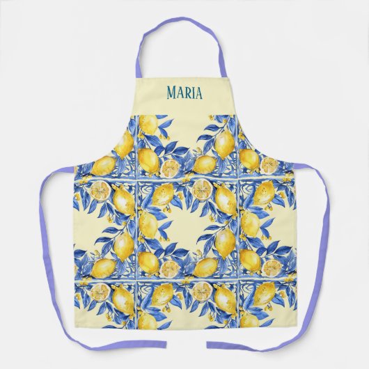 Tablier Citrons inspirés du Portugais sur fond bleu  (Recto)