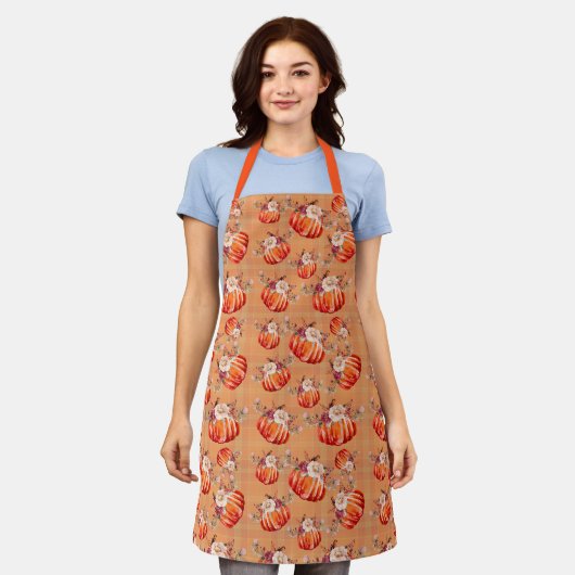 Tablier Citrouille orange automne plaid à fleurs chèque au (Porté)