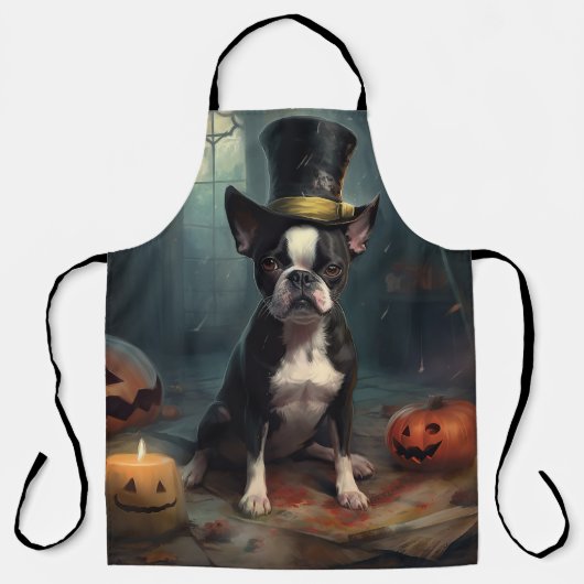 Tablier Citrouilles Boston Terrier Halloween Épouvantables (Recto)