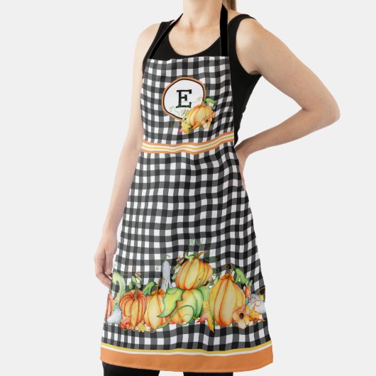 Tablier Citrouilles d'automne sur En vichy noir Monogramme (Insitu)
