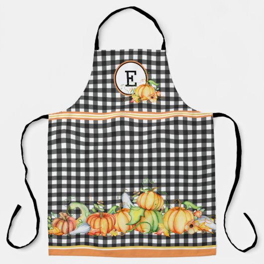 Tablier Citrouilles d'automne sur gingham noir monogrammé (Recto)