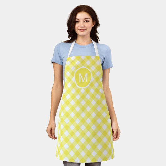 Tablier Classique jaune clair En vichy Motif Monogramme (Porté)