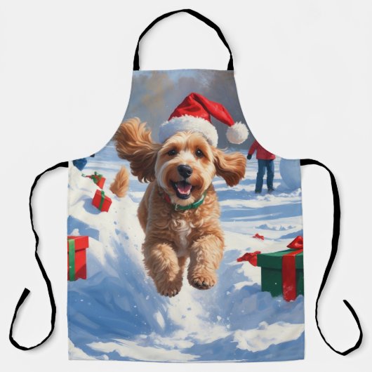 Tablier Cockapoo courant dans la neige avec un chapeau de  (Recto)