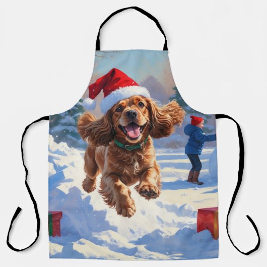 Tablier Cocker Spaniel courant dans la neige avec un chape (Recto)