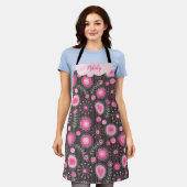 Tablier Coeurs gris rose blanc et nom fleuri (Porté)