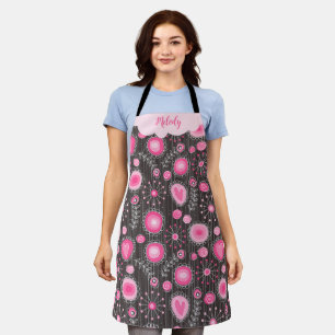 Tablier Coeurs gris rose blanc et nom fleuri
