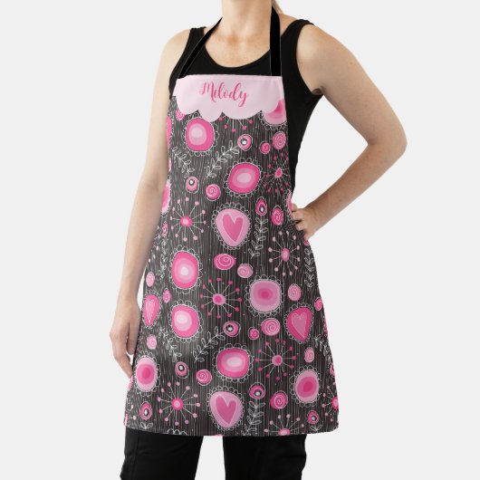 Tablier Coeurs gris rose blanc et nom fleuri (Insitu)