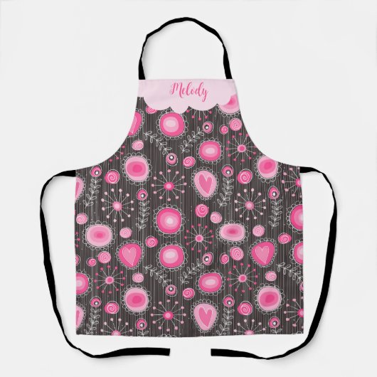 Tablier Coeurs gris rose blanc et nom fleuri (Recto)