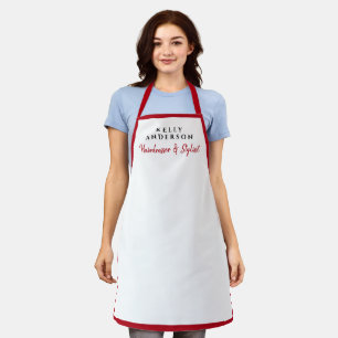 Tablier Coiffeuse Moderne Féminine Blanc Bordure Rouge 
