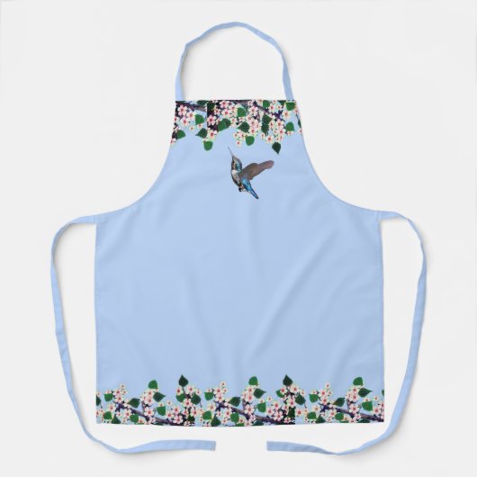 Tablier Colibri et fleurs blanches sur bleu clair (Recto)