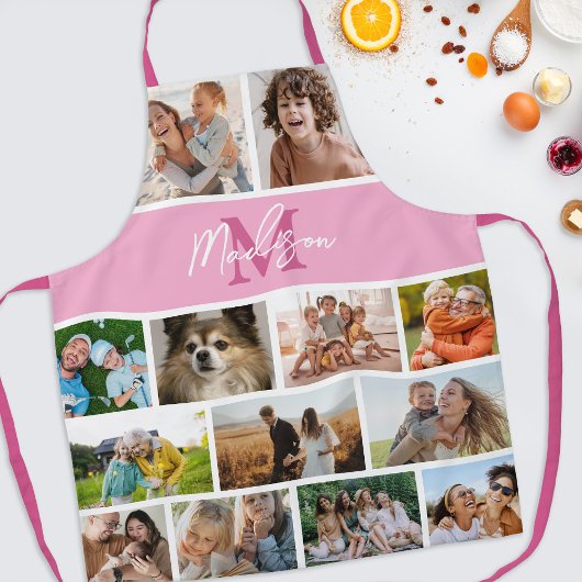 Tablier Collage de photos à monogramme rose