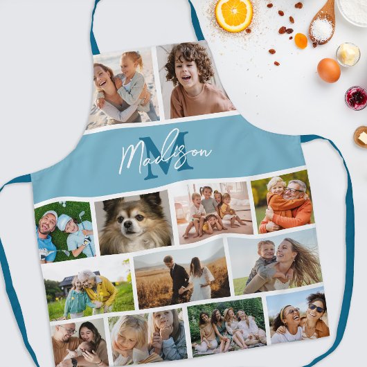 Tablier Collage de photos Monogramme Bleu