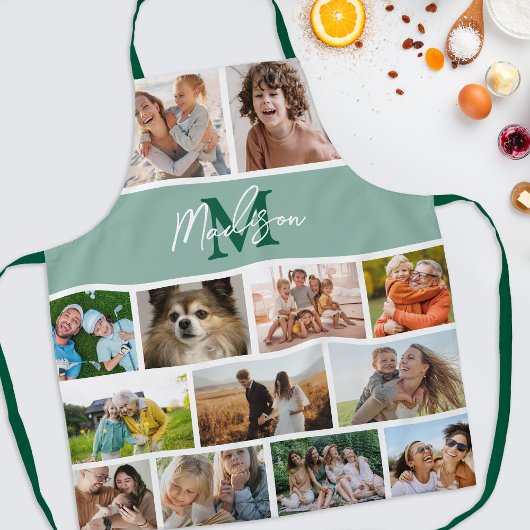 Tablier Collage de photos monogramme vert