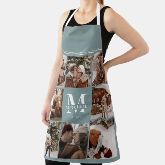 Tablier Collage photo moderne simple et vert | Monogramme (Insitu)