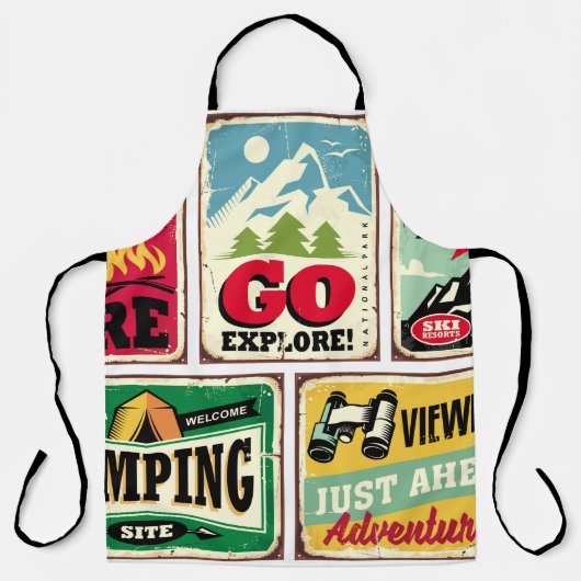 Tablier collection de panneaux rétro randonnée et camping. (Recto)