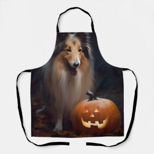 Tablier Collie à poil long d'Halloween avec citrouilles Ép