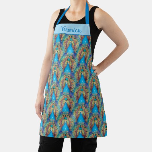 Tablier Colorful Peacock Design Blue Whimsical Feathers (Insitu)