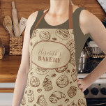 Tablier cookies vintages motif nom personnalisé cuisson<br><div class="desc">Elégant tablier de boulangerie de style vintage en chocolat beige et marron avec gâteaux, beignes et assortiment de biscuits illustration motif. Facile à personnaliser avec votre nom et votre texte ! Il peut s'agir d'un cadeau personnalisé inspiré pour la mère, la grand-mère, la mariée à être, ou un amoureux de...</div>