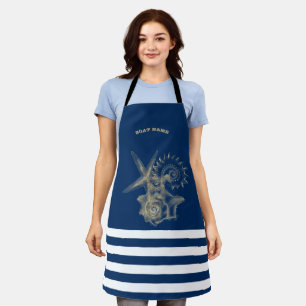 Tablier Coquilles marines dorées rayures bleu marine