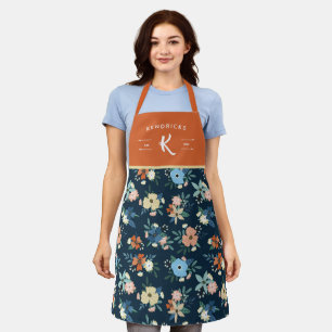 Tablier Corail & Blue Floral Modèle Famille Monogramme