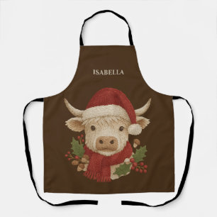 Tablier Cottagecore rustique Highland Cow avec Santa Hat