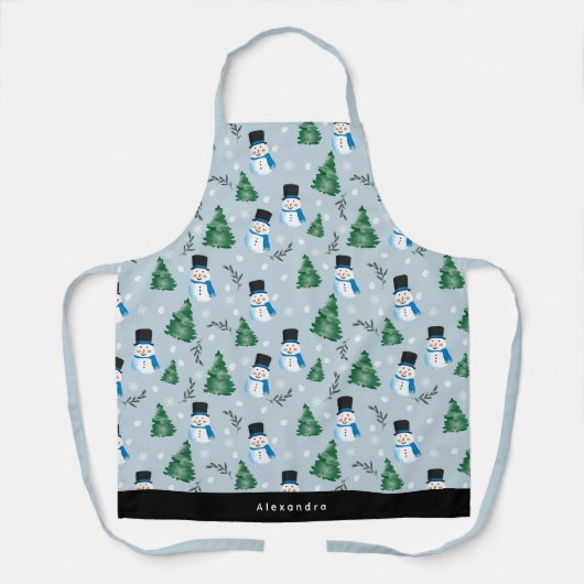 Tablier Couleur d'eau mignonne Motif neige hiver Nom perso (Recto)