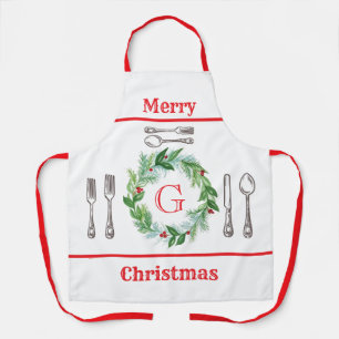 Tablier Couronne de Noël en aquarelle MONOGRAMME Unisexe