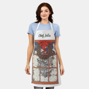 Tablier Couronne de Noël vintage dans une fenêtre avec nei