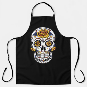 Tablier Crâne de sucre Rose Jaune sur fond Noir