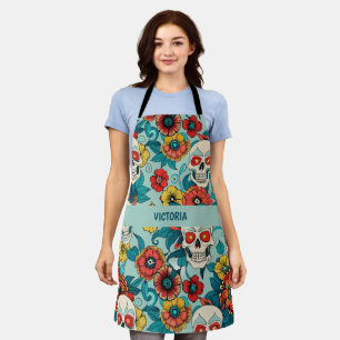 Tablier Crânes et fleurs Aquarelle Motif personnalisé