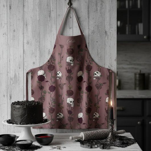 Tablier Crânes Floraux Gothiques Mauve Foncé