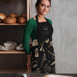 Tablier Cuisine à étincelle en or de luxe Boulangerie d'us<br><div class="desc">Le design élégant et luxueux du tablier de boulangerie dispose d'un assortiment de nos ustensiles de cuisine et de boulangerie dessinés à la main (fouet, mixeur de stand, cuillère et broche à rouleaux, mélangeur, bol de mixage, gâteau et stand, casquette de chef, etc.) Les ustensiles sont disposés autour de l'tablier....</div>