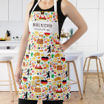 Tablier Cuisine allemande Restaurant Chef Oma's Kitchen Cu<br><div class="desc">Tablier amusant avec un motif d'icônes et de nourriture allemandes et deux lignes de texte personnalisé. Ajoutez le nom d'un chef, le nom de votre Oma, une boulangerie, un nom de restaurant, un nom de café ou de magasin ou supprimez le texte et le rectangle et utilisez simplement le motif....</div>