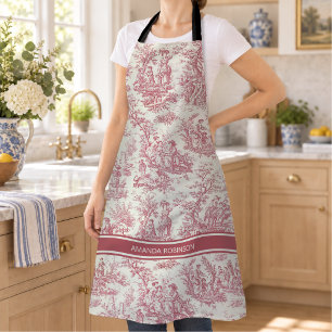 Tablier cuisine campagnarde française, toile de Jouy vinta