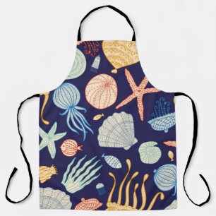 Tablier Cuisine motif sans soudure avec méduse, coquilles,