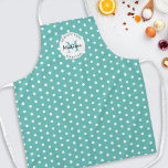 Tablier Cuisine personnalisée Turquoise Vintage<br><div class="desc">Tablier de cuisine personnalisé avec un arrière - plan turquoise frais qui peut être changé à n'importe quelle couleur,  un motif de pois vintage,  votre initiale,  nom,  et une citation pâtisserie sucrée.</div>