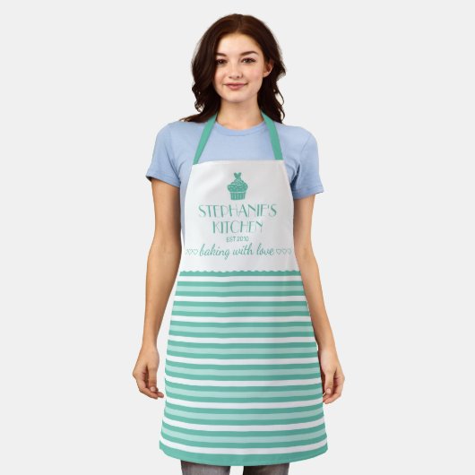 Tablier Cupcake Nom Cuisine Avec Amour Stripe Mint (Porté)